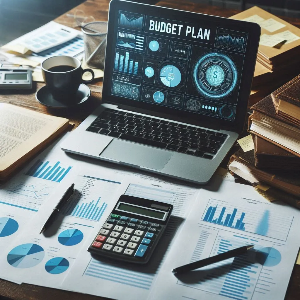 A person sitting at a table with a laptop, creating a budget plan.