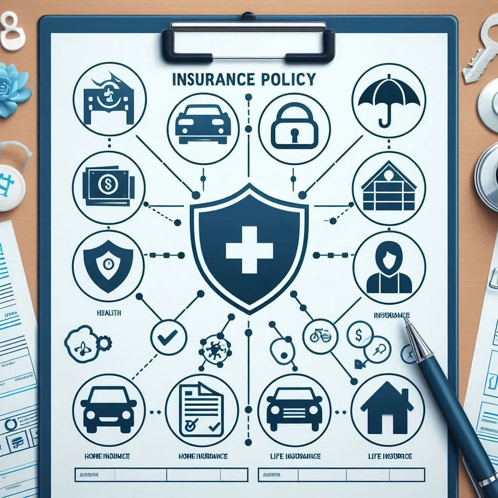 An insurance policy document with various icons representing different types of insurance.