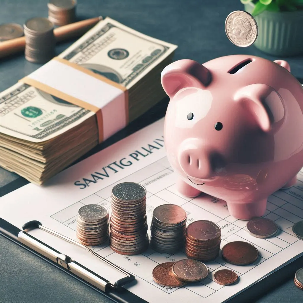 A piggy bank with coins falling into it, symbolizing saving.