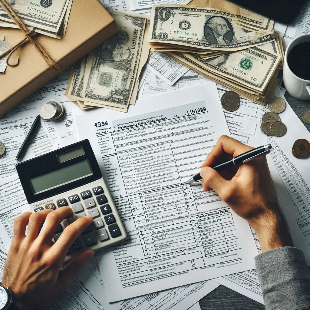 A person filling out tax forms with a calculator.